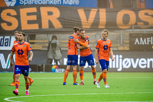 Quint Arie Jansen and David Thomas Fällman of Aalesund ahead of the OBOS-ligaen match between Aalesund and Fredrikstad on June 12, 2021 in Ålesund.