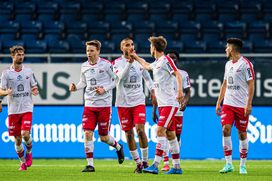 Nicolay Tveten Solberg of Fredrikstad celebrates after scoring the 2-2 goal