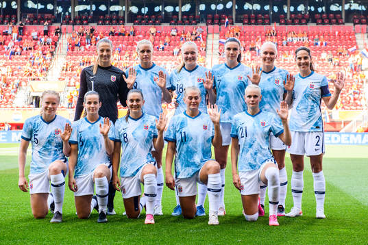 goalkeeper Cecilie Fiskerstrand, Tuva Hansen, Frida Maanum, Ingrid Syrstad Engen, Maria Thorisdottir, Ingrid Moe Wold, Julie Blakstad, Tuva Hansen, Vilde Bøe Risa, Lisa-Marie Karlseng Utland and Karina Sævik of Norway pose for a team photo prior to the women's international friendly football match between Netherlands and Norway