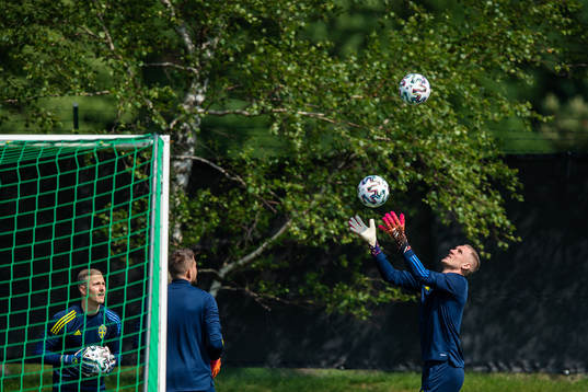 goalkeepers Karl-Johan Johnsson, Kristoffer Nordfeldt and Robin Olsen of the Swedish national football team at a training session