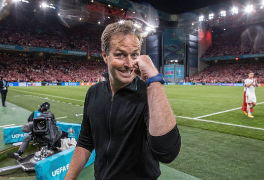 Kasper Hjulmand, coach Danmark, celebrates after the game between Russia and Denmark on June 21, 2021 in Copenhagen.