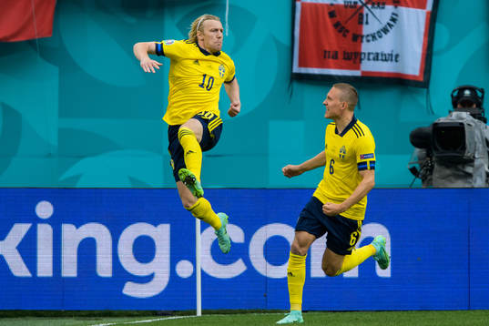 Emil Forsberg and Ludwig Augustinsson of Sweden celebrate the 1-0 goal