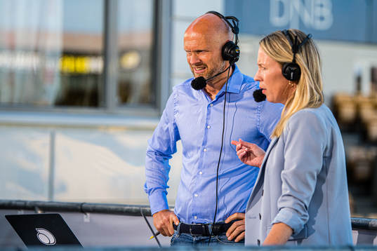 Joacim Jonsson and Anne Sturød of Eurosport ahead of the Eliteserien match between Lillestrøm and Rosenborg on June 25, 2021 in Lillestrøm.
