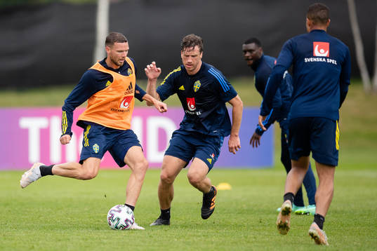 Marcus Berg and Gustav Svensson of the Swedish national football team at a training session