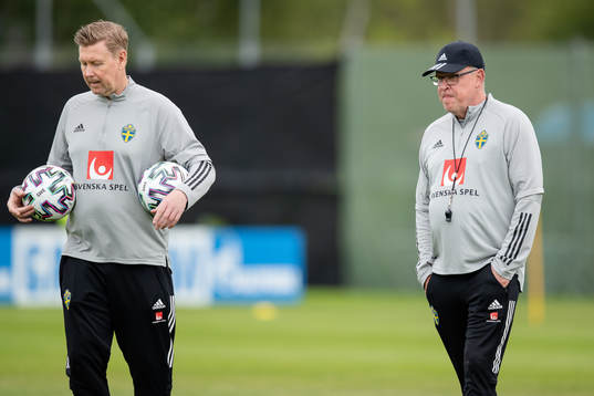Assistant coach Peter Wettergren and head coach Janne Andersson  of the Swedish national football team at a training session