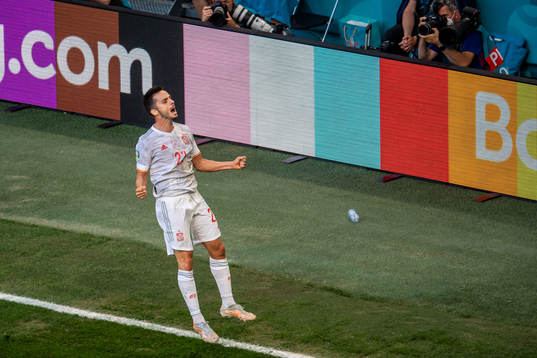 Pablo Sarabia of Spain celebrates scoring 1-1
