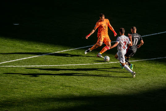 Goalkeeper Unai Simon and Cesar Azpilicueta and Ante Rebic