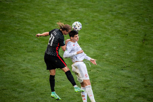 Domagoj Vida of Croatia and Alvaro Morata of Spain