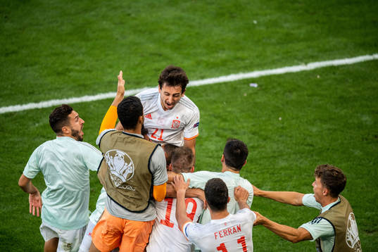 Mikel Oyarzabal of Spain celebrates scoring 3-5