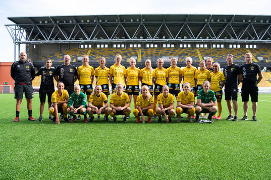 Elfsborgs trupp till seriepremiären med bakre raden från vänster Anders Eliasson Målvaktstränare, Mery Jadan lagledare, Claes Mattsson lagledare, Olivia Gurtata, Ida Backlund, Maja Wrångemyr, Leann Nyström, Matilda Ståhlbom Karlsson, Linn Sångberg, Elin Dahl, Ellen Larsson, Donika Shala, Jan Ryrlén lagansvarig, Moa Skoglund, tränare Joakim Carlsson och lagledare Nichlas Carlsson. Främre raden från vänster Wilda Johansson, målvakt Rebecka Wikander, Evelina Brink, Sara Jardving, Tea Skoglund, Linda Westberg Carlsson, Fanny Johansson, och målvakt Lia Viking