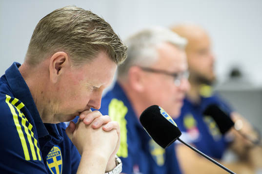 Assistant coach Peter Wettergren of the Swedish national football team at a press conference