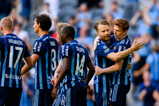 Djurgårdens Jacob Une Larsson och Aslak Witry jublar