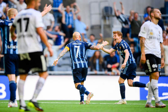 Djurgårdens Magnus Eriksson och Aslak Witry jublar efter 2-0
