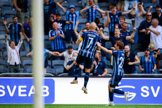 Djurgårdens Magnus Eriksson och Aslak Witry jublar