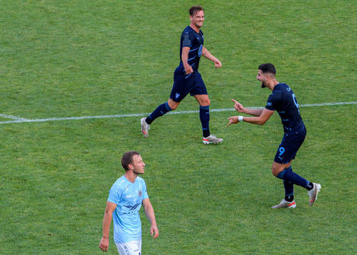 Eric Larsson and Antonio Colak of Malmö FF celebrate the 0-1 goal