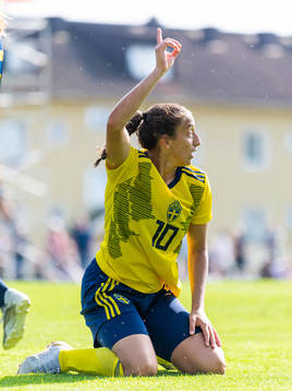 s Rosa Kafaji reagerar under en internmatch i fotboll mellan Sveriges F18 och F17 den 14 juli 2021 i Göteborg. 