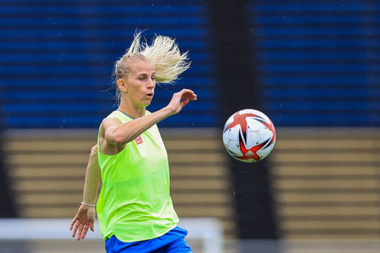 Sofia Jakobsson of the Swedish national women’s football team at a training session ahead of the Tokyo 2020 Olympic Games on July 17, 2021 in Fukuoka.