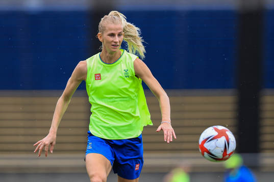Sofia Jakobsson of the Swedish national women’s football team at a training session ahead of the Tokyo 2020 Olympic Games on July 17, 2021 in Fukuoka.