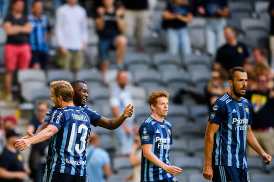 Djurgårdens Emmanuel Banda , Hampus Finndell , Aslak Witry och Emir Kujovic jublar efter 5-1