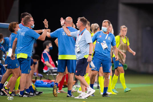 Peter Gerhardsson, head coach of Sweden, celebrates
