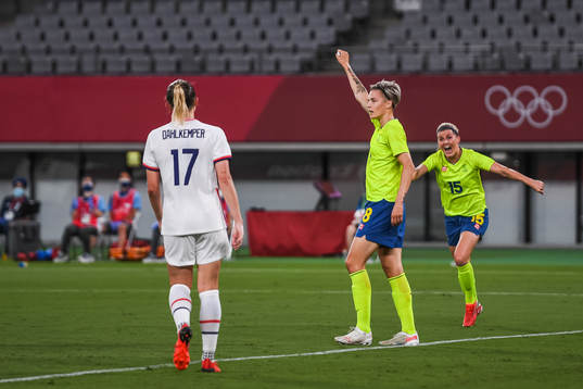 Lina Hurtig and Olivia Schough of Sweden celebrate the 3-0 goal
