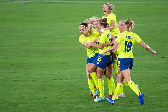 Players of Sweden celebrates 1-0  by Stina Blackstenius  in the women’s football final