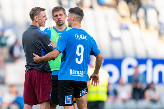 Malmö FFs Sören Rieks, Halmstads Mikael Boman och Marcus Antonsson