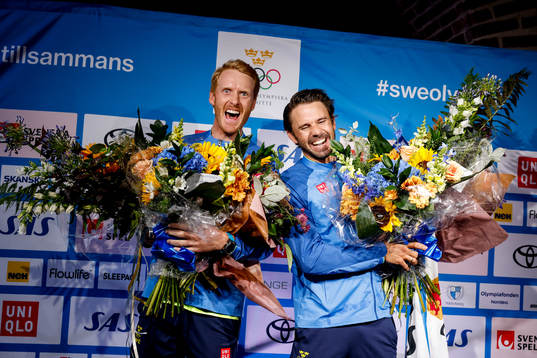 Fredrik Bergström and Anton Dahlberg of Sweden at a press