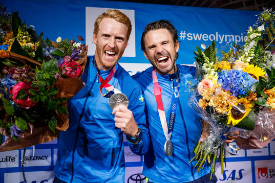 Fredrik Bergström and Anton Dahlberg of Sweden at a press