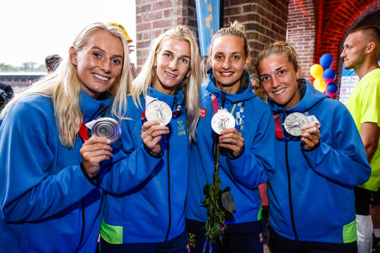 Stina Blackstenius, Sofia Jakobsson, Nathalie Björn and Filippa Angeldahl of Sweden at a press meet