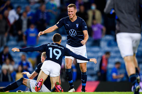 Veljko Birmancevic and Niklas Moisander of Malmö FF celebrate