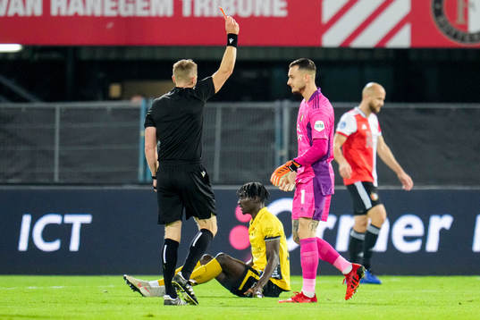 Goalkeeper Justin Bijlow of Feyenoord is shown a red card