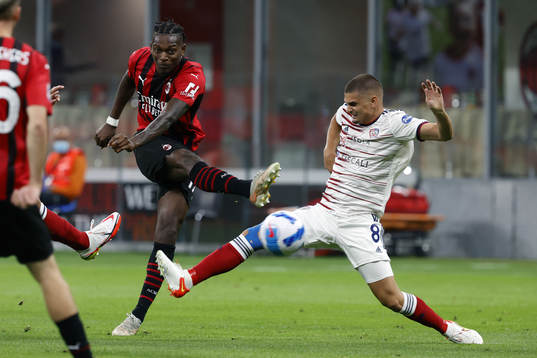 Rafael Leao-Razvan of Milan and Gabriel Marin of Cagliari