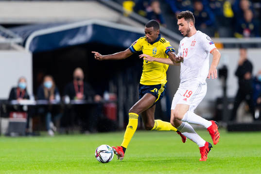 Alexander Isak of Sweden and Aymeric Laporte