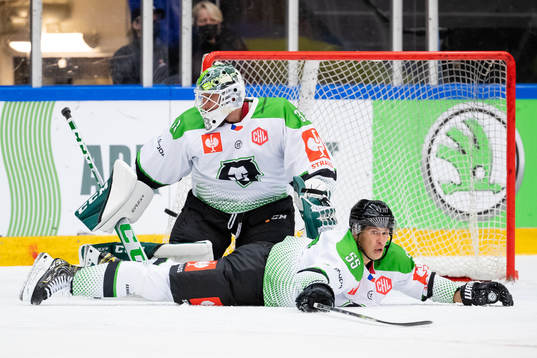 Goalkeeper Jan Ruzicka and Martin Sevc of Mlada Boleslav