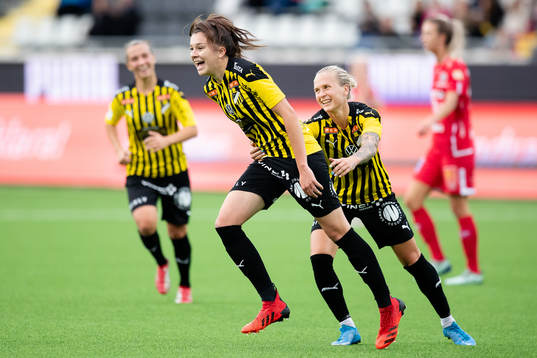 Häckens Filippa Curmark jublar ihop med 2-0 målskytten Anna Julia Csiki