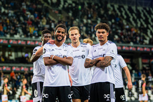 Noah Jean Holm of Rosenborg celebrates after scoring the 1-0 goal with Emil Konradsen Ceide of Rosenborg