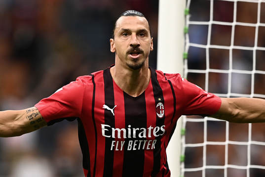 Zlatan Ibrahimovic of Milan celebrates scoring 2-0
