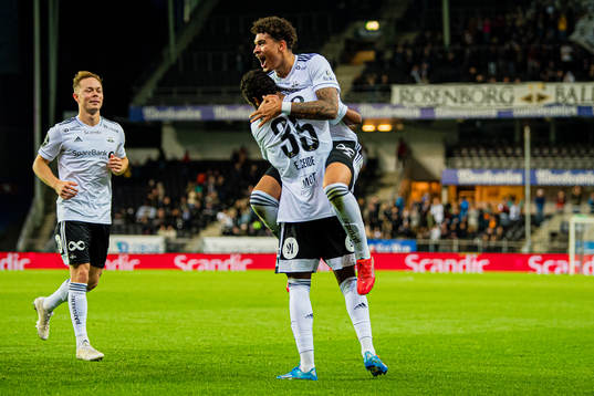 Emil Konradsen Ceide of Rosenborg celebrates with Noah Jean Holm of Rosenborg after scoring the 2-0 goal