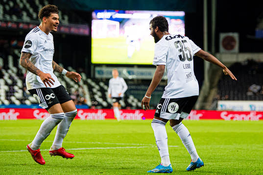 Emil Konradsen Ceide of Rosenborg celebrates with Noah Jean Holm of Rosenborg after scoring the 2-0 goal