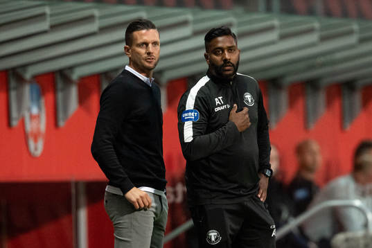 Trelleborgs tränare Kristian Haynes och assisterande tränare Alexander Tengryd
