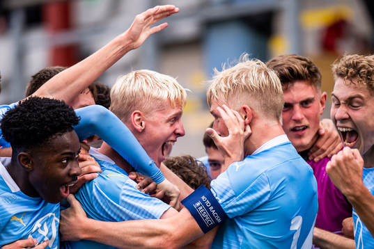 Emil Lindman of Malmö FF celebrate with teammates after the 2-2 goal