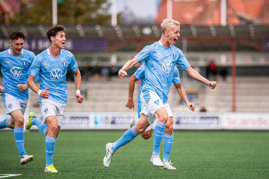 Emil Lindman of Malmö FF celebrate with teammates after the 2-2 goal