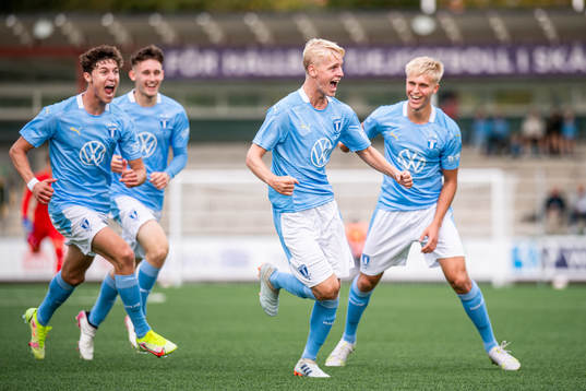 Emil Lindman of Malmö FF celebrate with teammates after the 2-2 goal