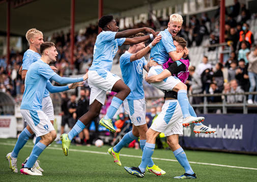 Emil Lindman of Malmö FF celebrate with teammates after the 2-2 goal