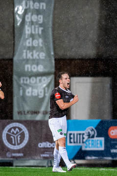 Lars Olden Larsen of Mjøndalen celebrates after scoring 1-1