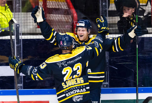 Södertäljes Brett Pollock jublar med Albert Sjöberg