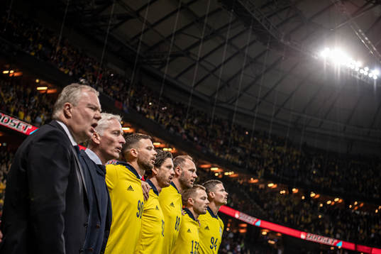  Håkan Sjöstrand, General Secretary and Karl-Erik Nilsson president of the Swedish Soccer Federation with former players Marcus Berg, Gustav Svensson, Andreas Granqvist, Sebastian Larsson and Mikael Lustig ahead of the FIFA World Cup Qualifier football match between Sweden and Kosovo on October 9, 2021 in Stockholm. 