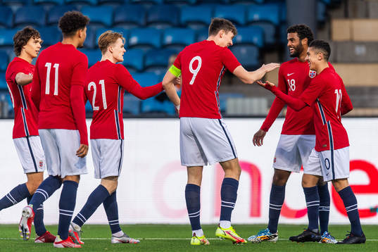 Tobias Christensen of Norway with Noah Jean Hol, Jørgen Larsen, Emil Konradsen Ceïde and Osame Sahraoui scoring 1-0