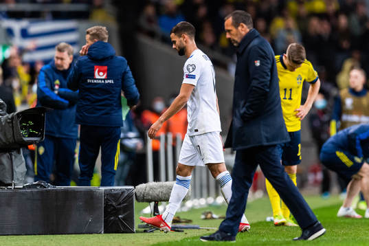Pantelis Chatzidiakos of Greece leaves the pitch next to